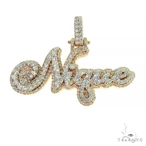Custom diamond name pendant in 14k gold – script lettering with diamond-set characters, front view