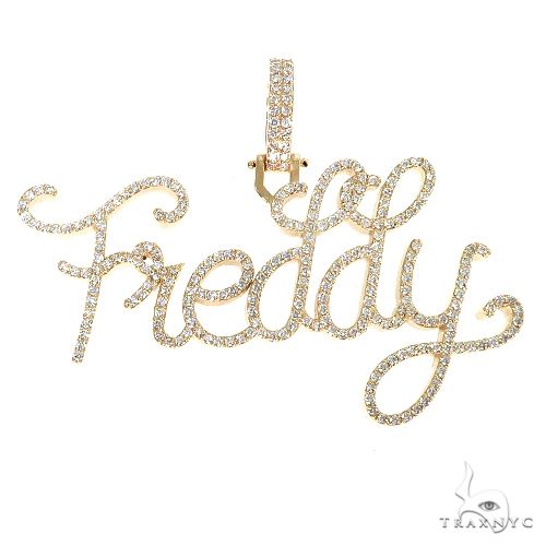 Custom diamond name pendant in 14k yellow gold with round-cut diamonds set across each letter, front view