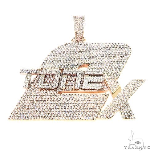 Custom diamond pendant in 14k gold with round cut diamonds set across the face — front angle