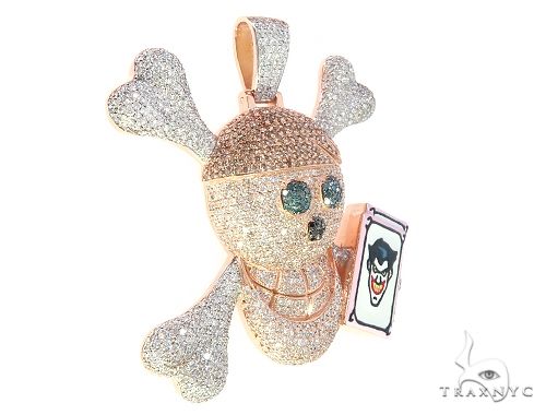 Rose gold skull pendant with diamond accents and crossbones detail