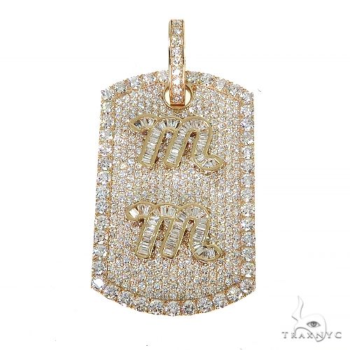 Custom diamond dog tag pendant with MM initials in 10k gold, round diamonds set across face, front view