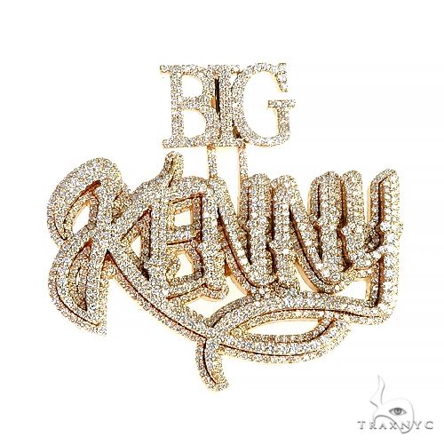 Double layer custom name pendant with round-cut diamonds across stacked letter tiers, front view