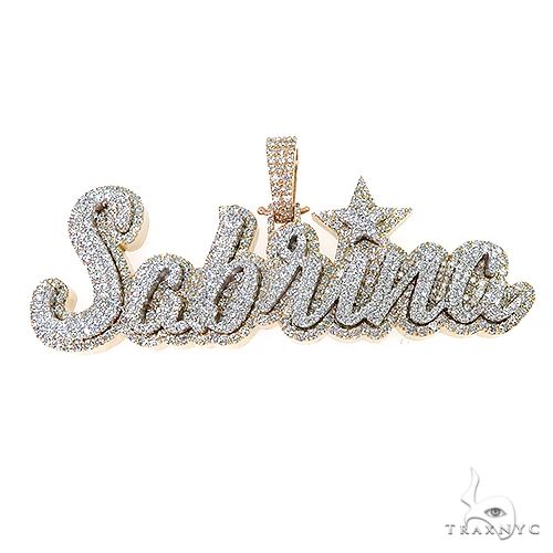 Double plate custom name pendant with round cut diamonds, front-facing view