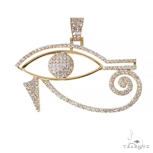 Custom diamond Eye of Horus pendant in yellow gold – front-facing view showing Egyptian eye motif with round diamond pave
