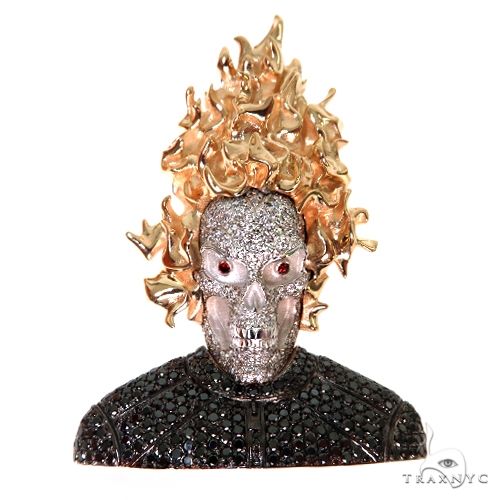 Custom diamond Ghost Rider skull pendant in yellow gold with black and red diamond coverage – front view