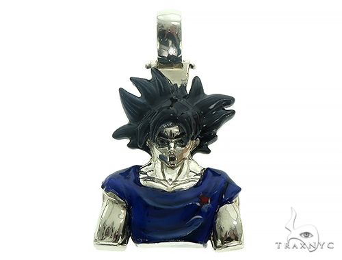 Silver pendant of anime character with spiky black hair wearing a torn blue shirt