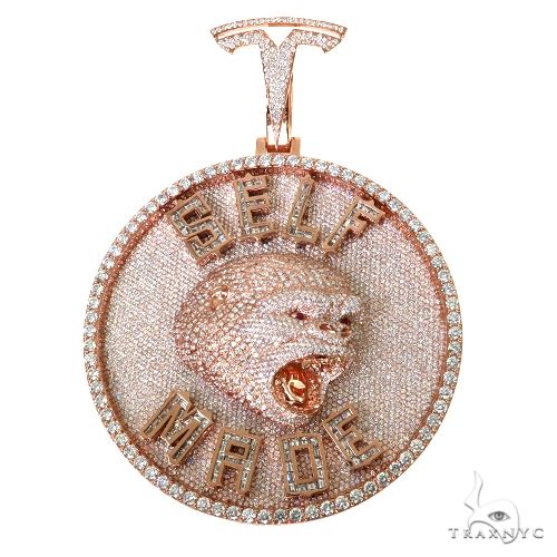 Custom diamond gorilla pendant in white metal – pave and channel-set round and baguette diamonds covering full figure, front view