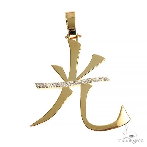 Custom gold diamond pendant with prong-set round-cut stones in an open Japanese light silhouette — front view
