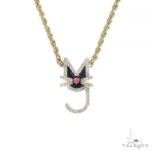 Custom cat diamond pendant necklace in 14K yellow gold – front view showing prong-set round diamonds across silhouette