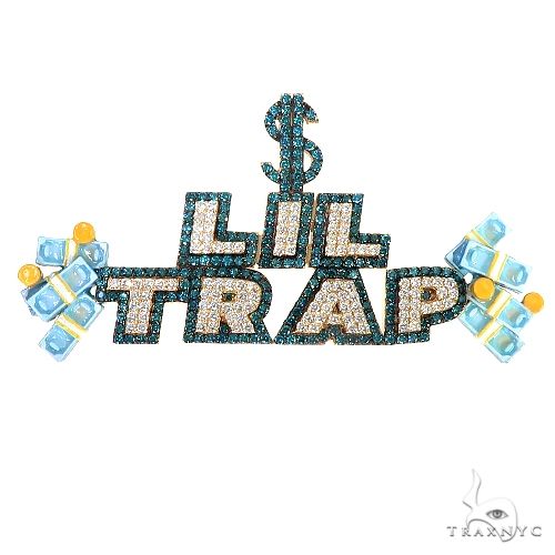 Custom diamond pendant spelling 'LIL TRAP' in pavé-set stones, front-facing view showing full layout
