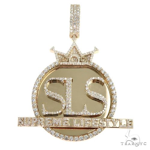 Custom logo pendant in gold with prong-set diamonds – front view showing personalized motif