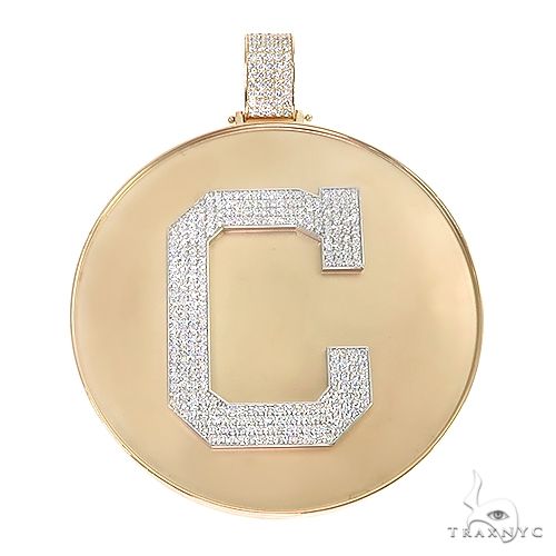 Custom diamond 'C' initial medallion pendant in 14k yellow gold, prong-set round diamonds, front view