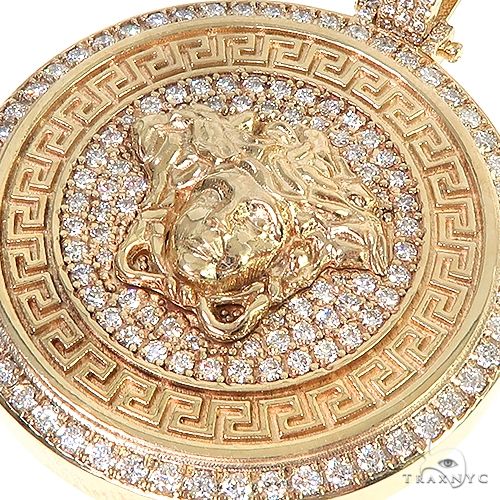 14K Gold Custom Made Italian Medusa Head Diamond Round Pendant, photo 4 of 6