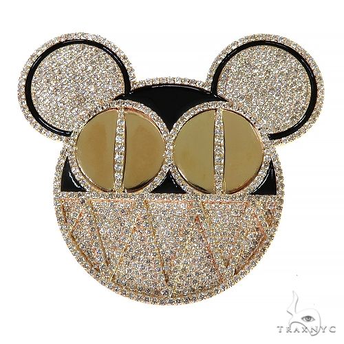 Custom diamond mouse character pendant in yellow gold – round cut diamonds covering full figure silhouette, front view