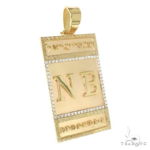 Yellow gold men’s pendant with engraved Hebrew text and raised NB initials
