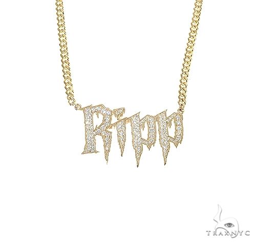 Custom diamond name pendant in 14k yellow gold with round-cut diamond-set letters, front view