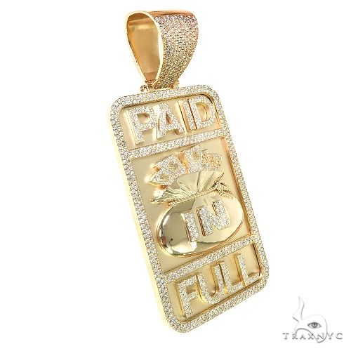 Yellow gold Custom Made 'Paid In Full' money bag diamond pendant with pavé diamond border