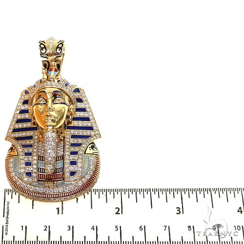 Yellow gold Pharaoh pendant with diamonds and blue enamel, measuring about 2 inches tall