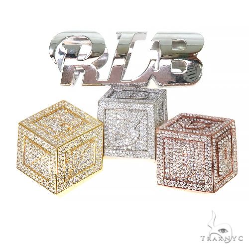 Custom 3 block letter diamond pendant in 14k three tone gold – front-facing view of round-cut diamond settings