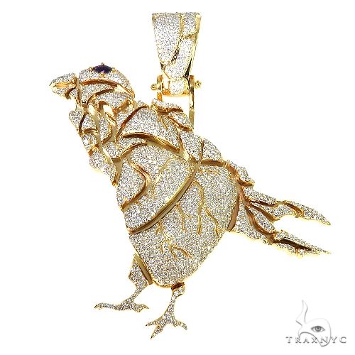 Custom diamond bird pendant in heart silhouette shape – detailed front view showing set stones and feather sculpting