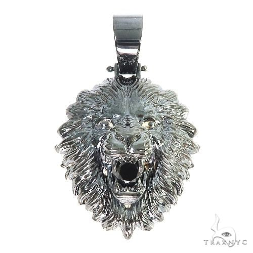 Custom silver black rhodium lion head pendant with prong-set diamonds, front-facing sculptural view