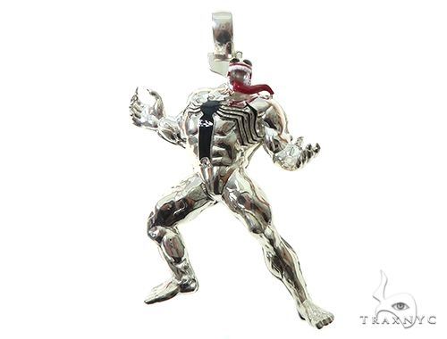 Silver venom-inspired pendant with muscular pose and red tongue detail