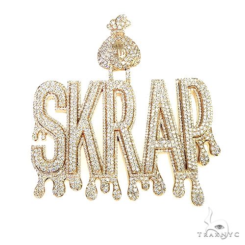Custom 'Skrap' name pendant in gold with round diamond pave lettering – front view