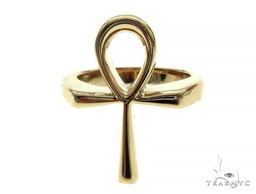 Yellow gold solid Ankh ring with polished finish and smooth band for men