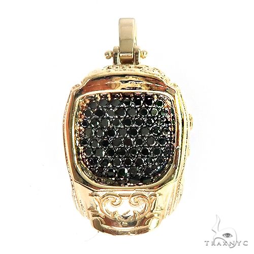 custom steel mask pendant in 14k gold with round-cut black diamonds pavé-set across the face