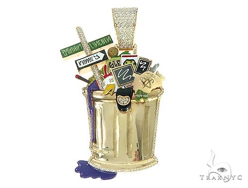 Custom diamond trash can pendant, yellow gold, fully iced sculptural form, front-facing angle