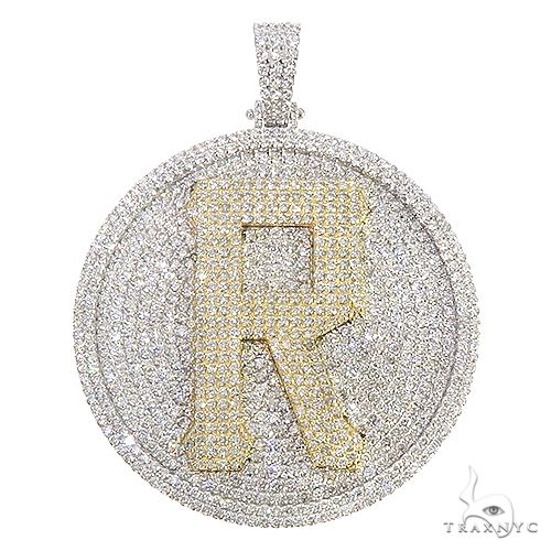 Custom two-tone diamond letter pendant with round prong-set diamonds, front view