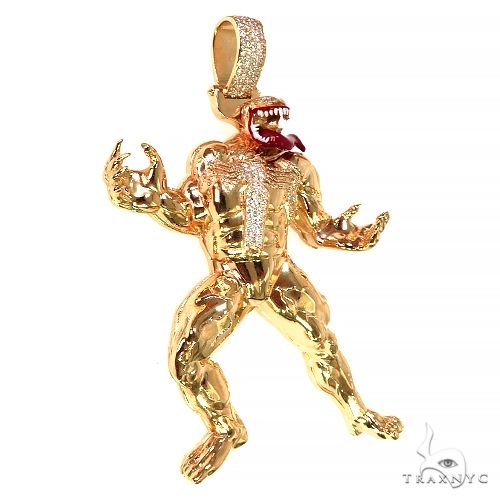 Yellow gold custom Venom pendant with diamond accents, muscular character design on chain loop
