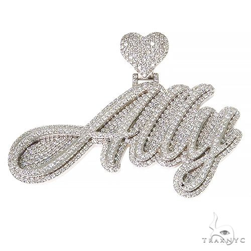 Custom name diamond pendant in gold – round-cut diamonds set along nameplate lettering, front view