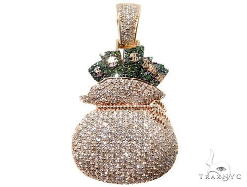 Rose gold men’s money bag pendant covered in prong-set diamonds with green gem details