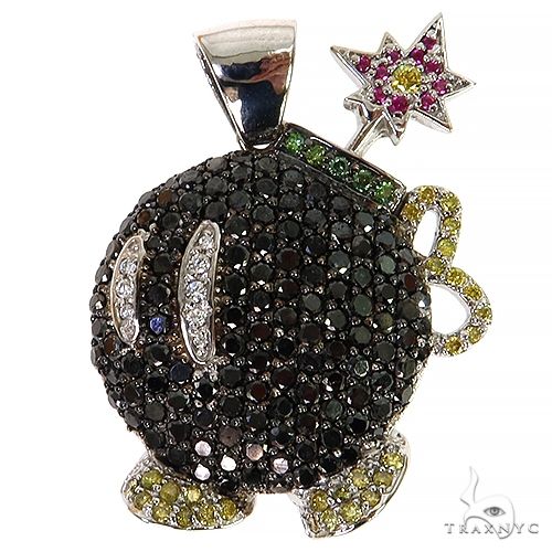 Custom silver bomb character pendant with round diamonds and pink ruby accent – front view