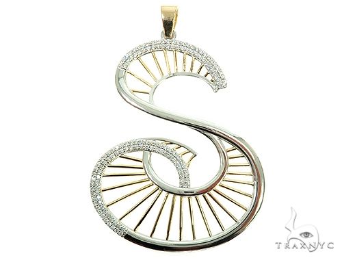 Custom two-tone diamond initial S pendant – front view showing diamond-set lettering with contrasting gold tones