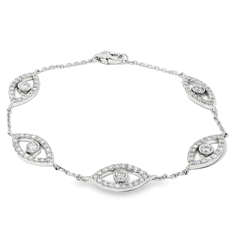 White gold evil eye bracelet with five diamond-accented eye charms and delicate chain links