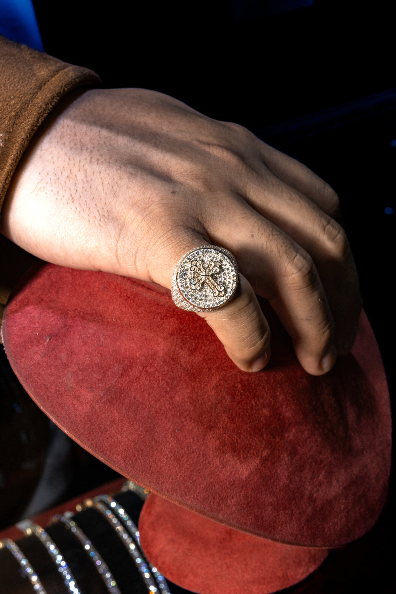 10K Gold Circular Cross Mens Ring Set With Lab Diamonds, view 7