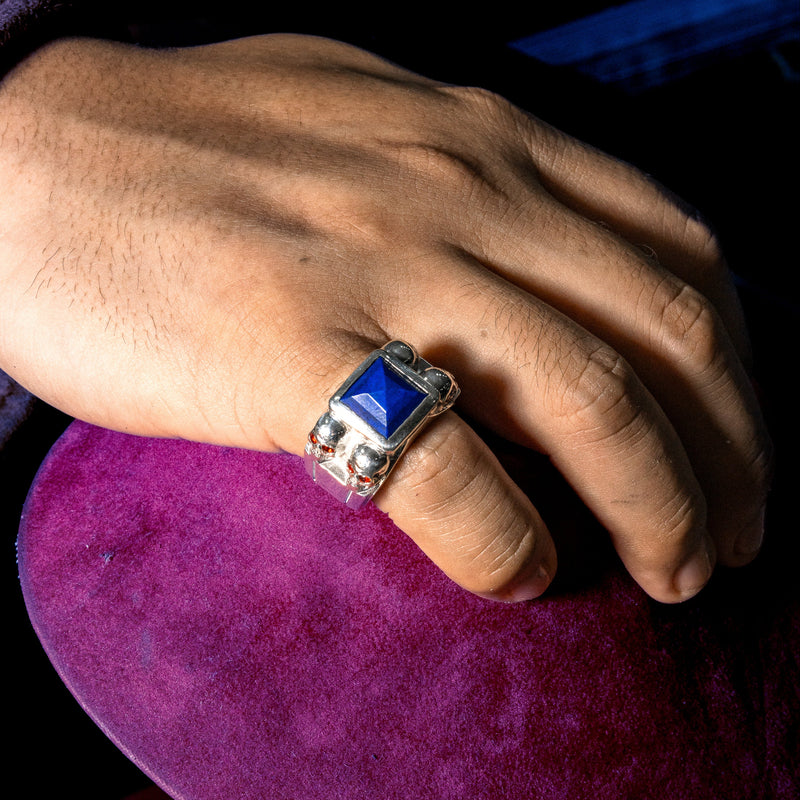 Blue Lapis Silver Ring With Skulls And Red Sapphire, photo 5 of 5