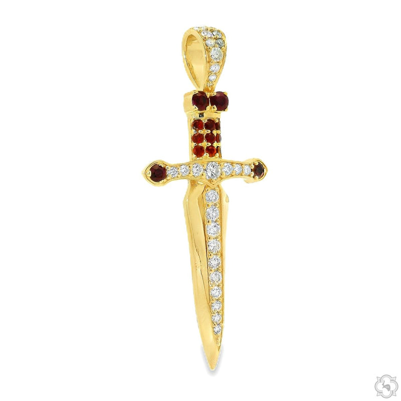 Yellow gold dagger pendant with diamonds and red gemstones men's necklace charm