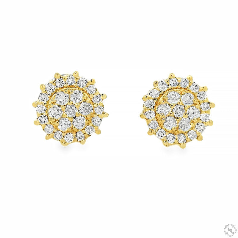 Yellow gold sunburst cluster diamond stud earrings with round brilliant diamonds