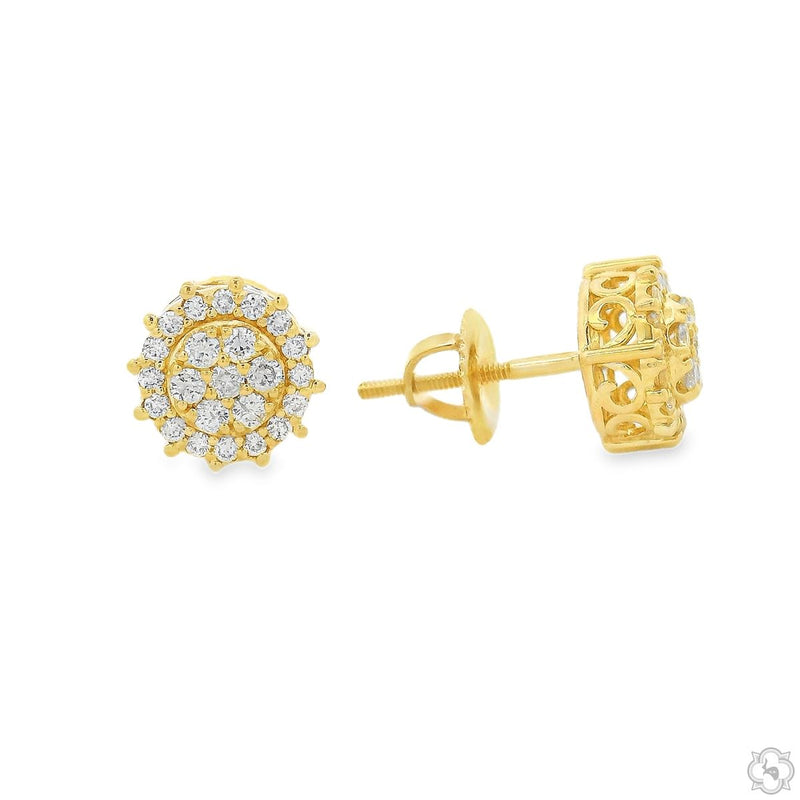 Yellow gold sunburst cluster diamond stud earrings with round brilliant diamonds