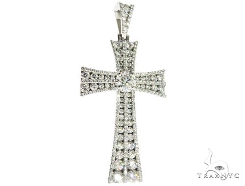 Diamond cross pendant with round center stone, front view showing cross silhouette and solitaire setting