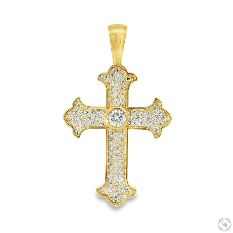 Diamond crown cross pendant in gold with diamond-set cross face and crown top detail, front view