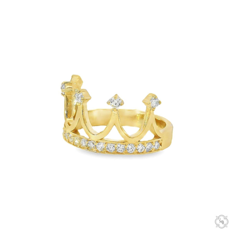 Yellow gold crown-shaped ring with round diamonds encircling the band and atop points