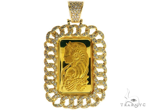 Yellow gold Miami Cuban dog tag pendant with diamond border and embossed design