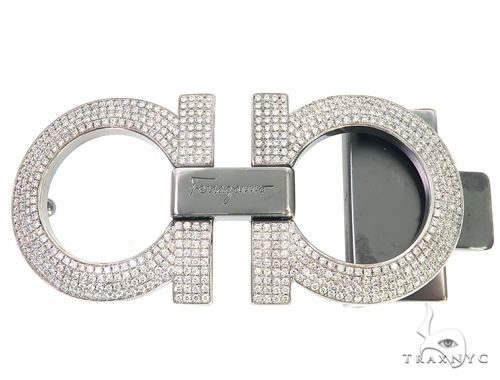 Diamond Ferragamo belt buckle in yellow gold tone – round cut diamonds set across face, front angle
