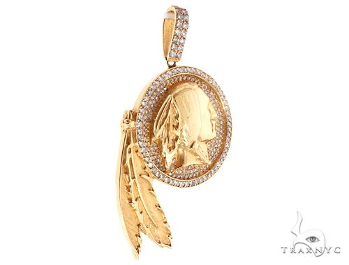 Yellow gold Native American head pendant with diamond accents and feather detail