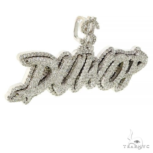 Custom diamond-encrusted name pendant in white gold with dollar sign detail