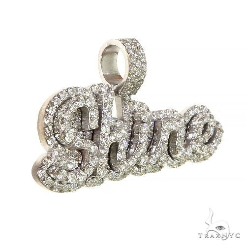 White gold custom name pendant sparkling with diamonds spelling "Shine"